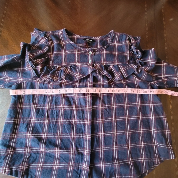 Madewell | Maroon/Navy Plaid Ruffle-Yoke Button Down W/ Easy Roll Sleeves - Picture 8 of 11